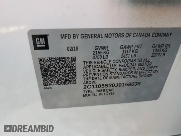 2018 Chevrolet Impala LT with VIN 2G1105S30J9158038, listed as a Copart auction lot 76149023 with 88,886 mi miles and Salvage Title. Bid and sale history available at DreamBid. Image 12.