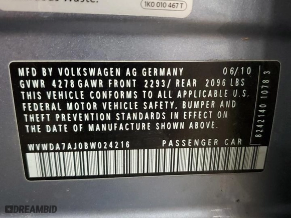2011 Volkswagen Golf with VIN WVWDA7AJ0BW024216, listed as a Copart auction lot 49585055 with 145,451 mi miles and Salvage Title. Bid and sale history available at carsss.com. Image 13.