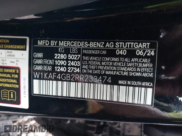 2024 Mercedes-Benz C 300 with VIN W1KAF4GB2RR233474, listed as a IAAI auction lot 40782375 with Not Provided miles and . Bid and sale history available at DreamBid. Image 9.