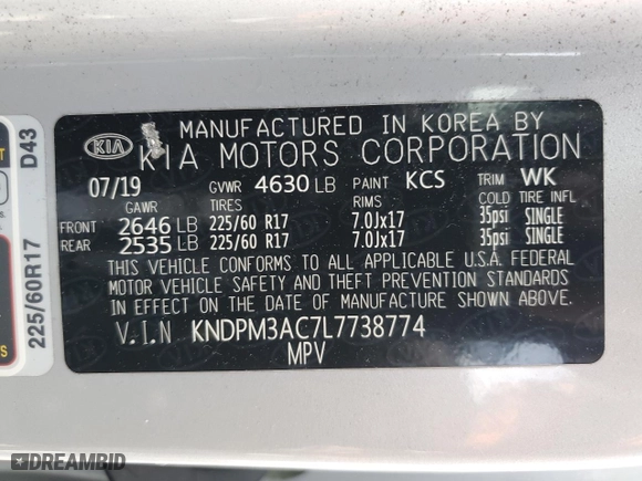 2020 Kia Sportage LX with VIN KNDPM3AC7L7738774, listed as a Copart auction lot 43542595 with 0 mi miles and Salvage Title. Bid and sale history available at carsss.com. Image 14.