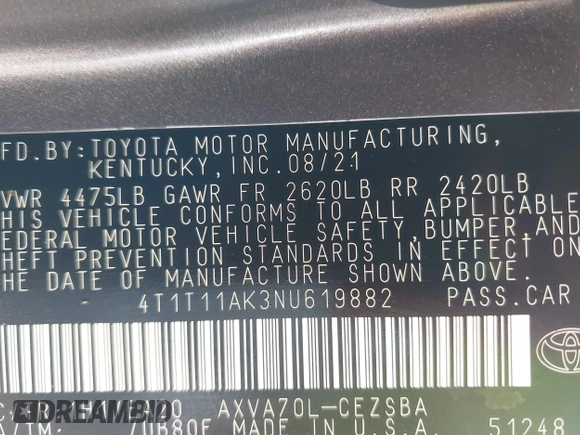 2022 Toyota Camry SE with VIN 4T1T11AK3NU619882, listed as a IAAI auction lot 41866164 with 60,620 mi miles and . Bid and sale history available at DreamBid. Image 9.