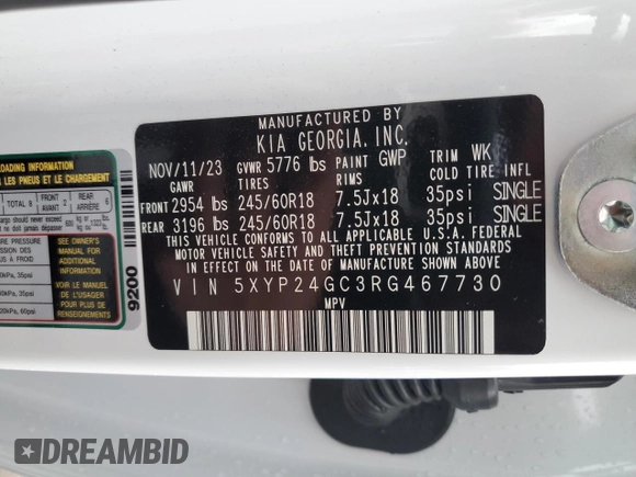 2024 Kia Telluride LX with VIN 5XYP24GC3RG467730, listed as a Copart auction lot 85728044 with 19,806 mi miles and Salvage title. Bid and sale history available at DreamBid. Image 14.