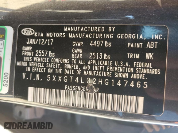 2017 Kia Optima LX with VIN 5XXGT4L32HG147465, listed as a Copart auction lot 48656825 with 183,438 mi miles and Salvage Title. Bid and sale history available at carsss.com. Image 12.