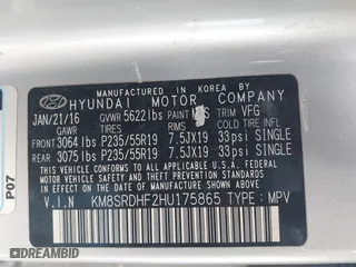 2017 Hyundai Santa Fe Limited Ultimate with VIN KM8SRDHF2HU175865, listed as a IAAI auction lot 41513550 with 1 mi miles. Bid and sale history available at carsss.com. Image 9.