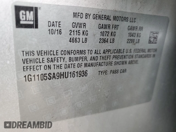2017 Chevrolet Impala LT with VIN 1G1105SA9HU161936, listed as a Copart auction lot 46267295 with 179,637 mi miles and Salvage Title. Bid and sale history available at DreamBid. Image 12.