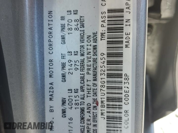 2016 Mazda 3 i Sport with VIN JM1BM1U78G1325459, listed as a Copart auction lot 53021145 with 204,797 mi miles and Salvage Title. Bid and sale history available at DreamBid. Image 12.