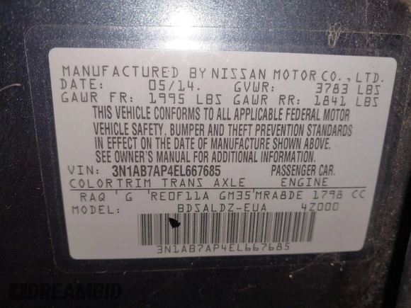 2014 Nissan Sentra S with VIN 3N1AB7AP4EL667685, listed as a IAAI auction lot 41697557 with 133,447 mi miles and . Bid and sale history available at DreamBid. Image 9.