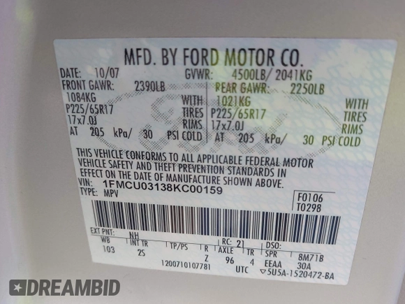 2008 Ford Escape XLT с VIN 1FMCU03138KC00159, выставлен на аукционе IAAI как лот 42398854 с пробегом 167 726 миль миль и . История ставок и продаж доступна на DreamBid. Изображение 9.