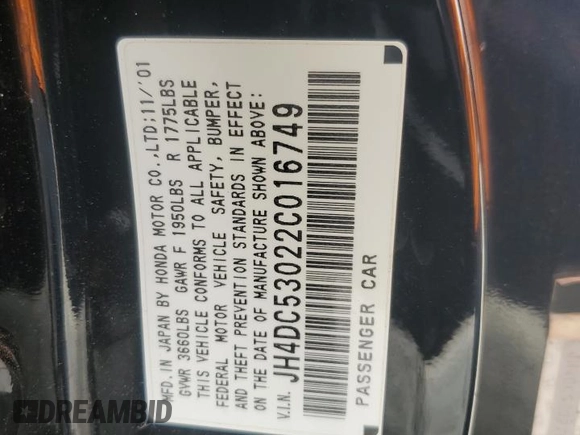 2002 Acura RSX Type S with VIN JH4DC53022C016749, listed as a Copart auction lot 53957485 with 166,533 mi miles and Salvage title. Bid and sale history available at DreamBid. Image 12.