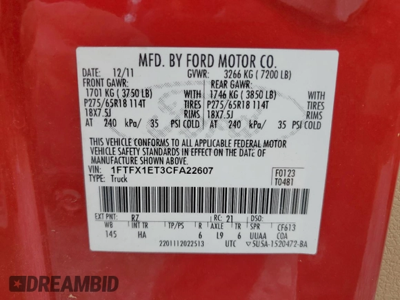 2012 Ford F-150 XL with VIN 1FTFX1ET3CFA22607, listed as a Copart auction lot 54562105 with 217,778 mi miles and Clean Title. Bid and sale history available at carsss.com. Image 12.