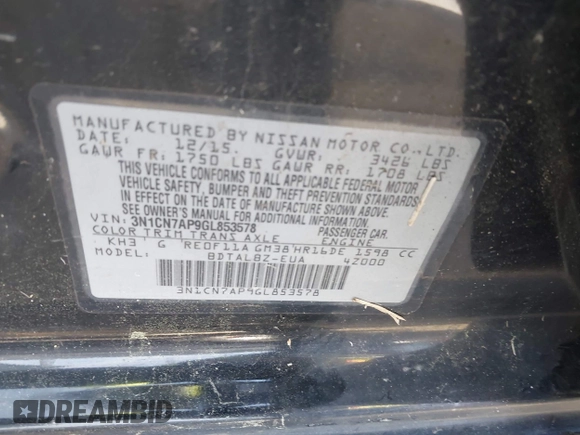 2016 Nissan Versa SV with VIN 3N1CN7AP9GL853578, listed as a IAAI auction lot 41825956 with Not Provided miles and . Bid and sale history available at DreamBid. Image 9.