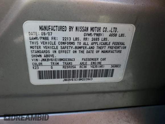 2008 Infiniti G35 with VIN JNKBV61E18M203943, listed as a Copart auction lot 74778154 with 240,173 mi miles and Clean Title. Bid and sale history available at DreamBid. Image 12.