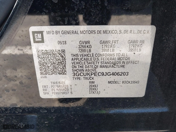 2018 Chevrolet Silverado 1500 Custom with VIN 3GCUKPEC9JG406203, listed as a IAAI auction lot 41313945 with 108,299 mi miles. Bid and sale history available at carsss.com. Image 9.