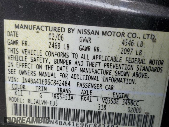 2006 Nissan Maxima 3.5 SE with VIN 1N4BA41E96C842484, listed as a Copart auction lot 71948504 with 77,959 mi miles and Salvage Title. Bid and sale history available at carsss.com. Image 12.