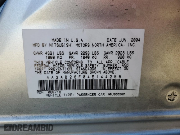 2004 Mitsubishi Galant DE with VIN 4A3AB26F04E144255, listed as a Copart auction lot 75752214 with 146,490 mi miles and Salvage Title. Bid and sale history available at carsss.com. Image 13.