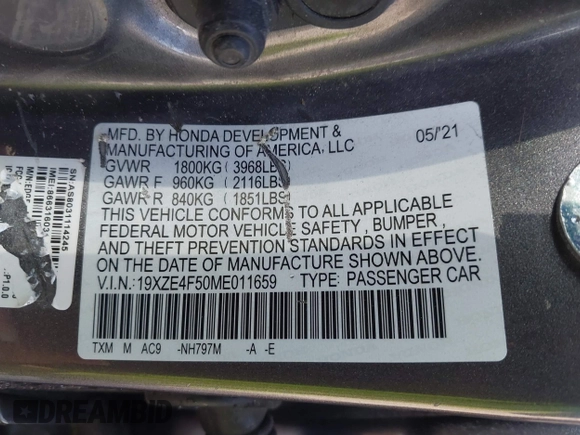 2021 Honda Insight EX with VIN 19XZE4F50ME011659, listed as a IAAI auction lot 42003199 with 119,623 mi miles and . Bid and sale history available at carsss.com. Image 9.