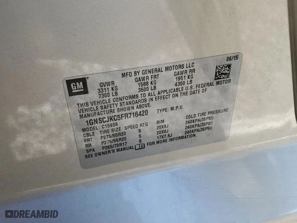 2015 Chevrolet Suburban LT with VIN 1GNSCJKC5FR716420, listed as a Copart auction lot 48310805 with 171,579 mi miles and Salvage Title. Bid and sale history available at carsss.com. Image 13.