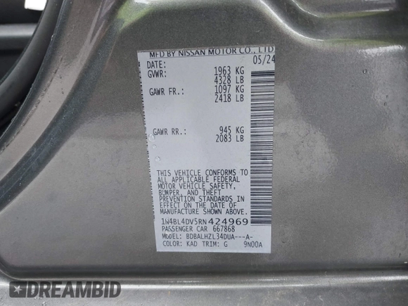 2024 Nissan Altima SV with VIN 1N4BL4DV5RN424969, listed as a IAAI auction lot 42201919 with 22,258 mi miles and . Bid and sale history available at carsss.com. Image 9.