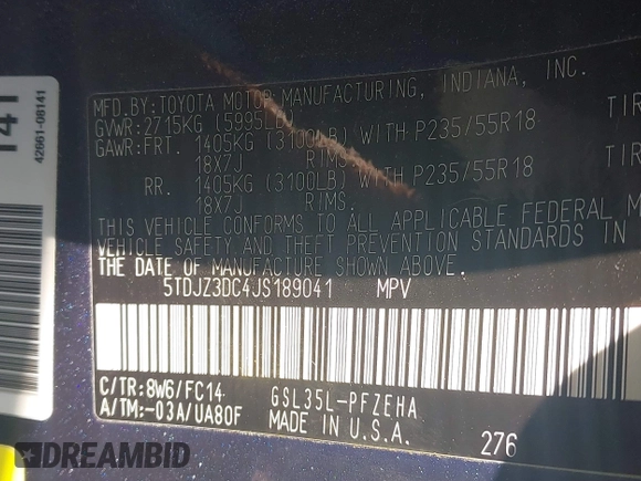 2018 Toyota Sienna LE with VIN 5TDJZ3DC4JS189041, listed as a IAAI auction lot 41610754 with 61,862 mi miles and . Bid and sale history available at DreamBid. Image 9.