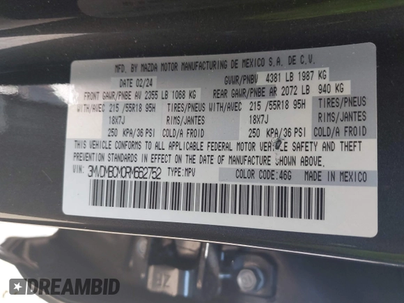 2024 Mazda CX-30 S Carbon Edition z VIN 3MVDMBCM0RM662752, wystawiony jako IAAI lot #42108251 z przebiegiem 17 963 mil mil oraz . Historia ofert i sprzedaży dostępna na DreamBid. Obrazek 9.