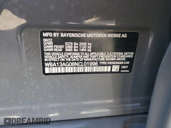 2022 BMW 5 Series 530e with VIN WBA13AG08NCL01996, listed as a Copart auction lot 89193865 with 21,314 mi miles and Salvage title. Bid and sale history available at DreamBid. Image 14.