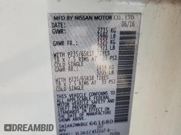 2016 Nissan Pathfinder S with VIN 5N1AR2MN8GC661680, listed as a Copart auction lot 59796815 with 162,104 mi miles and Salvage title. Bid and sale history available at DreamBid. Image 12.