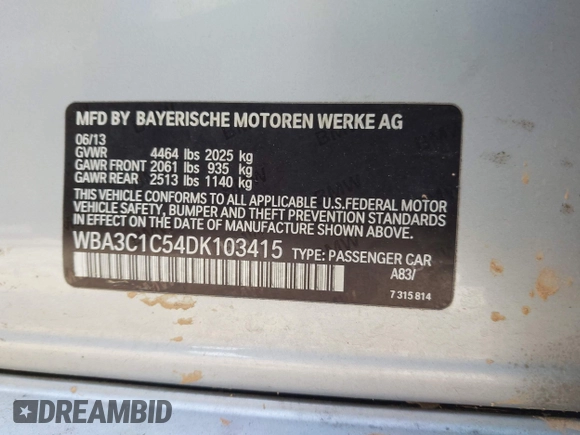 2013 BMW 3 Series 328i with VIN WBA3C1C54DK103415, listed as a IAAI auction lot 42147590 with 113,188 mi miles and . Bid and sale history available at carsss.com. Image 9.