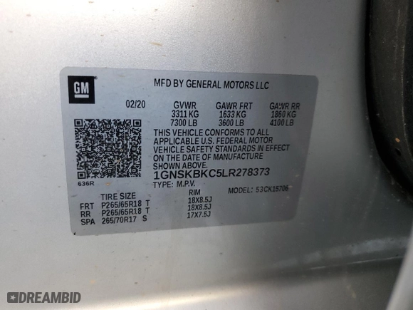 2020 Chevrolet Tahoe LT with VIN 1GNSKBKC5LR278373, listed as a Copart auction lot 48740025 with 0 mi miles and Salvage Title. Bid and sale history available at carsss.com. Image 14.