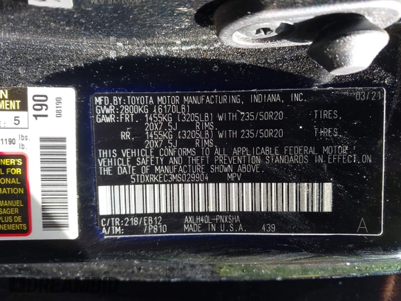 2021 Toyota Sienna XSE with VIN 5TDXRKEC3MS029904, listed as a IAAI auction lot 42084875 with 46,136 mi miles and . Bid and sale history available at DreamBid. Image 9.