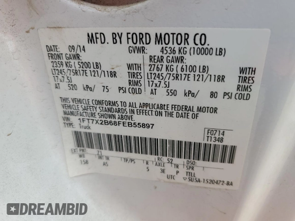 2015 Ford F-250 XLT z VIN 1FT7X2B68FEB55897, wystawiony jako Copart lot #54663105 z przebiegiem 65 128 mil mil oraz Czysty tytuł • Clean title. Historia ofert i sprzedaży dostępna na DreamBid. Obrazek 12.
