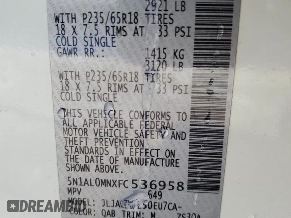 2015 Infiniti QX60 with VIN 5N1AL0MNXFC536958, listed as a Copart auction lot 45581365 with 226,958 mi miles and Salvage Title. Bid and sale history available at DreamBid. Image 14.