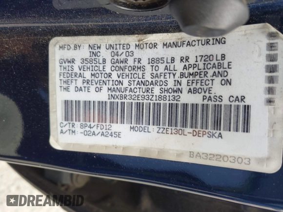 2003 Toyota Corolla CE with VIN 1NXBR32E93Z188132, listed as a IAAI auction lot 42116935 with 248,365 mi miles and . Bid and sale history available at DreamBid. Image 9.