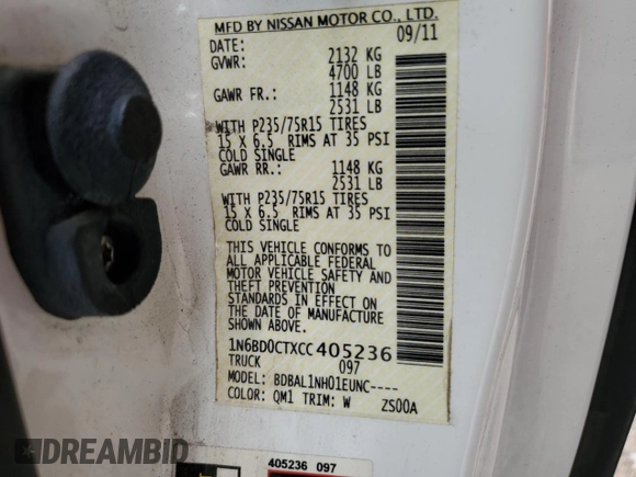 2012 Nissan Frontier S with VIN 1N6BD0CTXCC405236, listed as a Copart auction lot 54146895 with 76,240 mi miles and Salvage title. Bid and sale history available at DreamBid. Image 12.