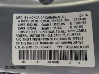 2017 Honda Civic Sedan EX-L with VIN 2HGFC1F76HH637432, listed as a IAAI auction lot 42007237 with 117,134 mi miles. Bid and sale history available at carsss.com. Image 9.