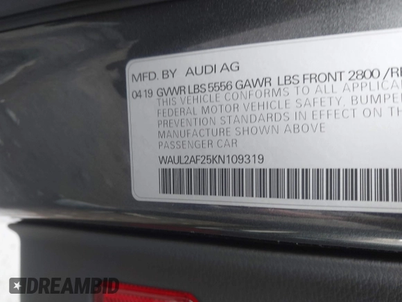 2019 Audi A6 Premium Plus with VIN WAUL2AF25KN109319, listed as a IAAI auction lot 41838287 with 61,556 mi miles. Bid and sale history available at carsss.com. Image 9.
