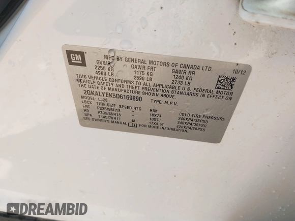 2013 GMC Terrain Denali with VIN 2GKALYEK5D6169890, listed as a IAAI auction lot 41679867 with 84,635 mi miles and . Bid and sale history available at DreamBid. Image 9.