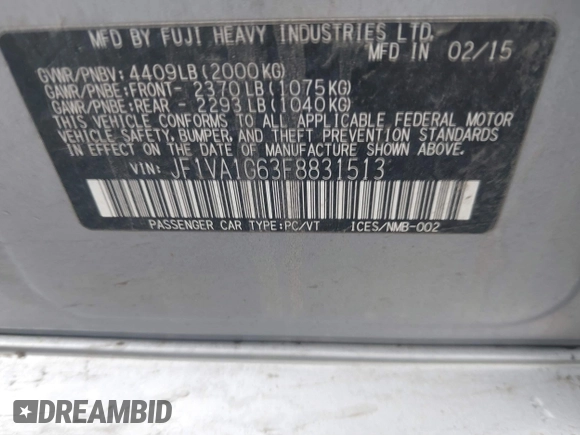 2015 Subaru WRX Limited with VIN JF1VA1G63F8831513, listed as a IAAI auction lot 41644396 with 89,083 mi miles. Bid and sale history available at carsss.com. Image 9.