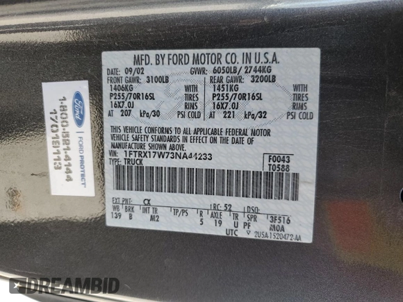 2003 Ford F-150 XL with VIN 1FTRX17W73NA44233, listed as a Copart auction lot 49673205 with Not provided miles and Salvage title. Bid and sale history available at DreamBid. Image 14.