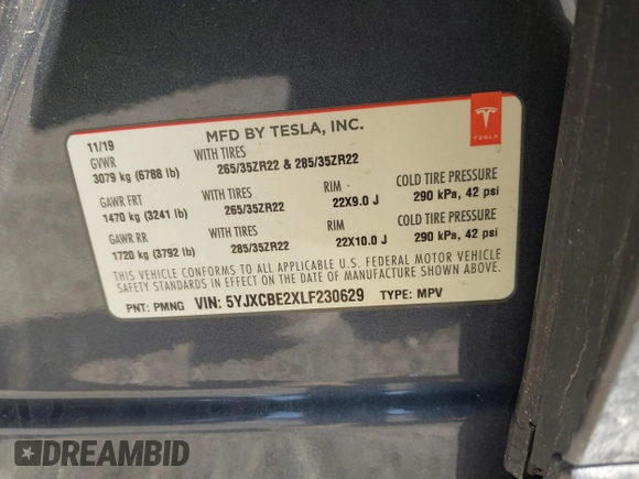 2020 Tesla Model X Long Range with VIN 5YJXCBE2XLF230629, listed as a IAAI auction lot 41925961 with 35,979 mi miles. Bid and sale history available at carsss.com. Image 9.