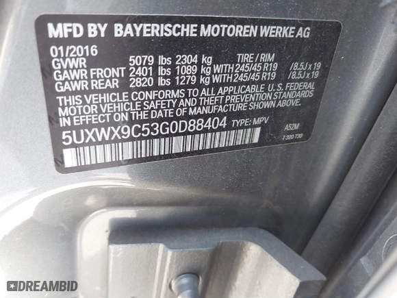 2016 BMW X3 xDrive28i with VIN 5UXWX9C53G0D88404, listed as a IAAI auction lot 41702726 with 102,325 mi miles. Bid and sale history available at carsss.com. Image 9.