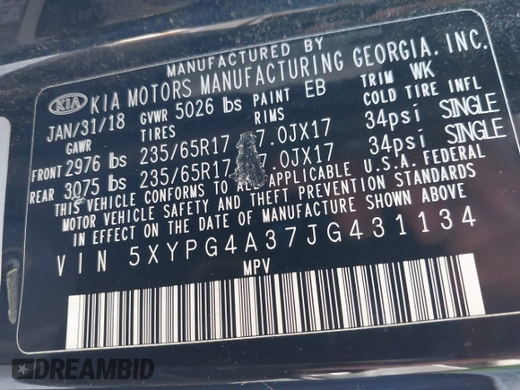 2018 Kia Sorento LX with VIN 5XYPG4A37JG431134, listed as a IAAI auction lot 41803871 with 139,818 mi miles. Bid and sale history available at carsss.com. Image 9.