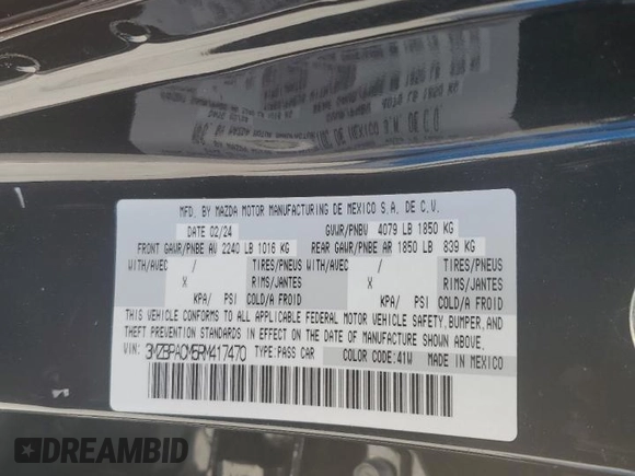 2024 Mazda 3 S Preferred with VIN 3MZBPACM5RM417470, listed as a Copart auction lot 59996515 with Not provided miles and Non repairable. Bid and sale history available at DreamBid. Image 12.