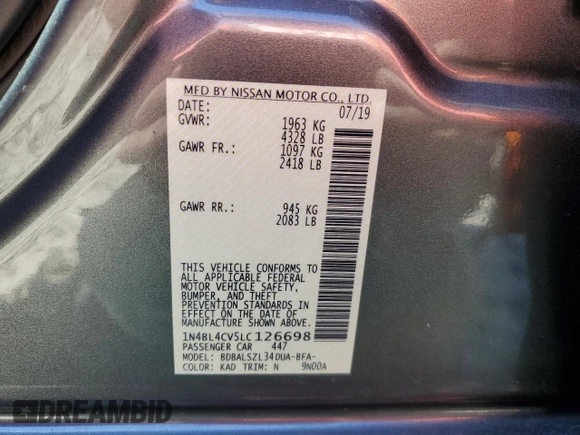 2020 Nissan Altima 2.5 SR with VIN 1N4BL4CV5LC126698, listed as a Copart auction lot 43701875 with 100,208 mi miles and Non Repairable. Bid and sale history available at carsss.com. Image 13.