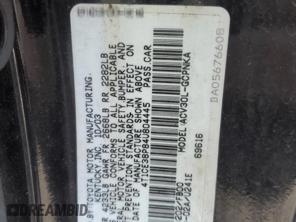 2004 Toyota Solara SE with VIN 4T1CE38P84U804445, listed as a Copart auction lot 50579615 with 175,133 mi miles and Clean title. Bid and sale history available at DreamBid. Image 12.