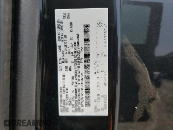 2017 Ford F-150 XL with VIN 1FTEW1CF9HKC56020, listed as a Copart auction lot 62033235 with 190,448 mi miles and Clean title. Bid and sale history available at DreamBid. Image 12.