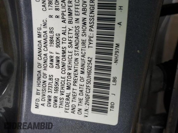 2018 Honda Civic Sedan LX with VIN 2HGFC2F50JH602542, listed as a Copart auction lot 48079095 with 58,041 mi miles and Salvage Title. Bid and sale history available at carsss.com. Image 13.