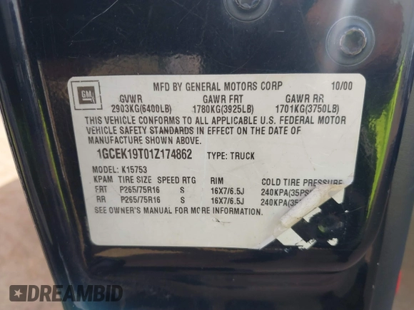 2001 Chevrolet Silverado 1500 LS with VIN 1GCEK19T01Z174862, listed as a IAAI auction lot 41670472 with 340,543 mi miles and . Bid and sale history available at DreamBid. Image 9.