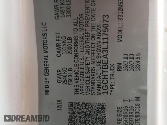 2020 Chevrolet Colorado 4WD Work Truck z VIN 1GCHTBEA3L1175073, wystawiony jako Copart lot #58934645 z przebiegiem 255 844 mil mil oraz Czysty tytuł • Clean title. Historia ofert i sprzedaży dostępna na DreamBid. Obrazek 12.