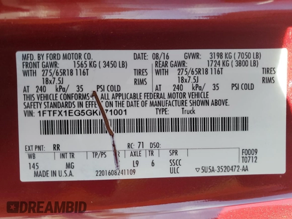 2016 Ford F-150 XLT with VIN 1FTFX1EG5GKF71001, listed as a Copart auction lot 54258205 with 67,735 mi miles and Salvage title. Bid and sale history available at DreamBid. Image 12.