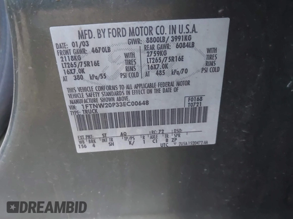 2003 Ford F-250 XL с VIN 1FTNW20P33EC00648, выставлен на аукционе IAAI как лот 41606120 с пробегом 261 318 миль миль и . История ставок и продаж доступна на DreamBid. Изображение 9.